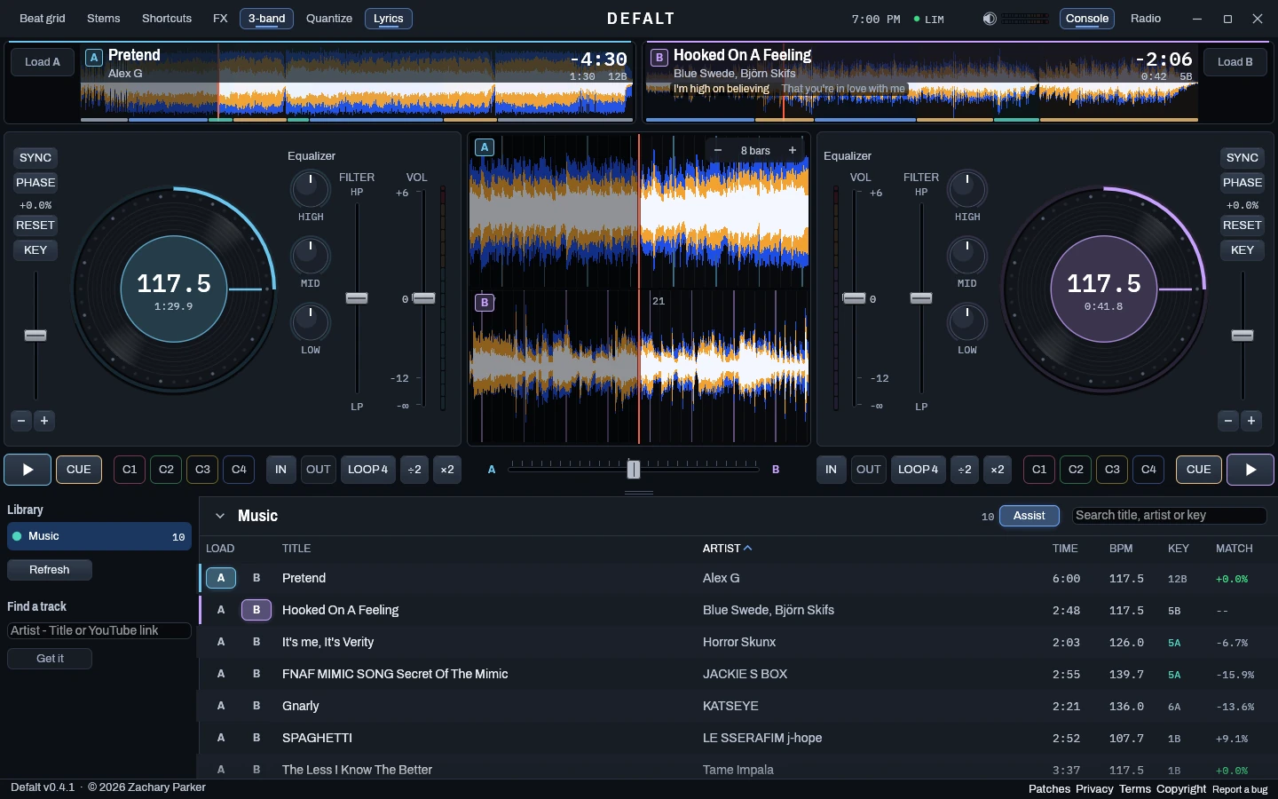 The Defalt console: two decks with three-band waveforms, synced lyrics, channel meters and the music library.