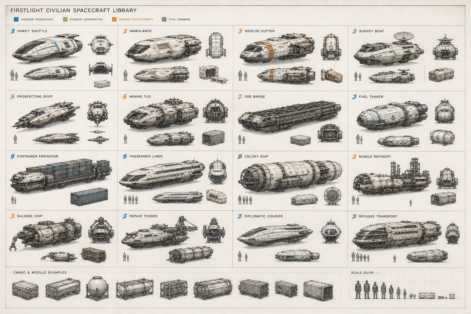 A sheet of civilian spacecraft sketches: shuttles, an ambulance, rescue cutter, mining tug, ore barge, fuel tanker, container freighter, passenger liner, colony ship and more, with cargo modules and a scale guide.